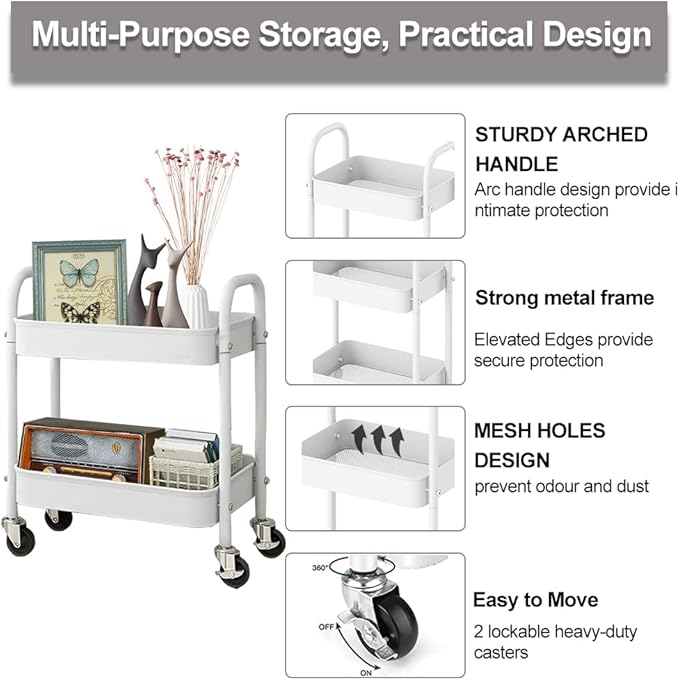 2 Tier All-Metal Rolling Cart, Rolling Storage Cart with Handle and Locking Wheels Kitchen Cart Laundry Office Bathroom Storage Organizer Cart, White