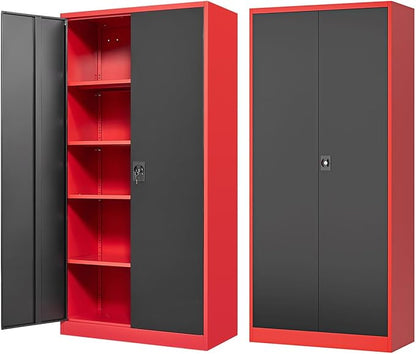 Metal Storage Cabinet-72” Tall Steel File Cabinets with Lockable Doors and Adjustable Shelves-Black&Red Steel Storage Cabinet for Kitchen, Office, Garage