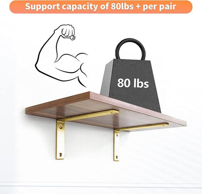 Gold Heavy Duty Shelf Brackets 8 Inch, Extra Thick L Shelving Brackets, Rustic Gold Iron Floating Shelves Wall Mounted with Hardware for DIY Open Shelving, 4 Pack