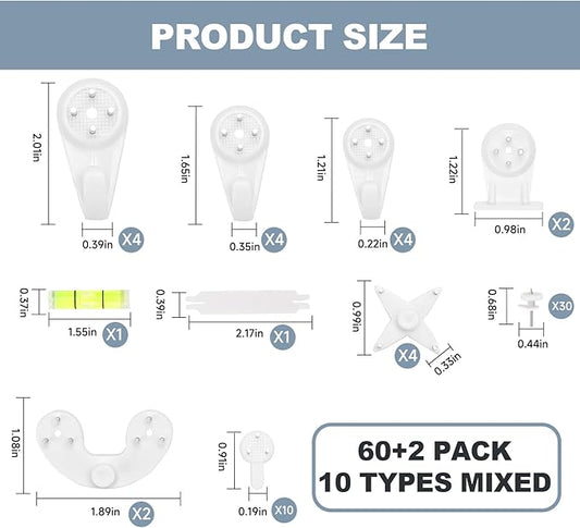 60 PCS Picture Hangers Hanging Kit, Heavy Duty Hooks for Stucco/Concrete/Hard Walls Without Drilling, Invisible Nail&25 LBS Weight Load