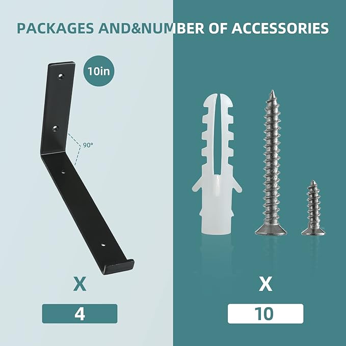 HEART ART Black Shelf Bracket 10 Inch, Shelf Brackets Heavy Duty,L Brackets for Shelves,Floating Shelf Bracket 4 Pack,9.5" L×6" H×1.5" W