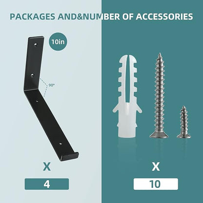 HEART ART Black Shelf Bracket 10 Inch, Shelf Brackets Heavy Duty,L Brackets for Shelves,Floating Shelf Bracket 4 Pack,9.5" L×6" H×1.5" W