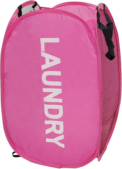 Pop Up Laundry Hamper Collapsible Laundry Basket Mesh Foldable Pink Dirty Clothes Hamper with Handles for Home, Bathroom, Bedroom, Travel, Cruise