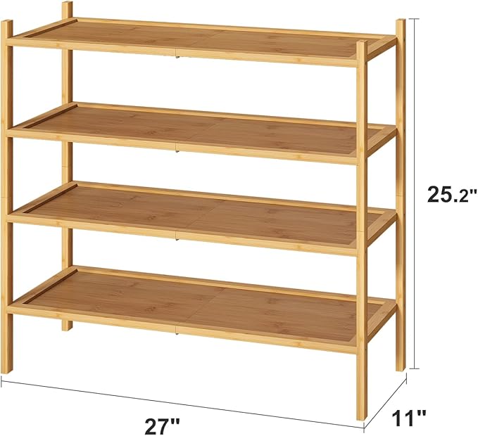 4-Tier Shoe Rack for Entryway, Bamboo Wood Shoe Rack 4-Tier, Stackable Shoe Organizer for Closet, Free Standing Shoe Racks for Indoor & Outdoor