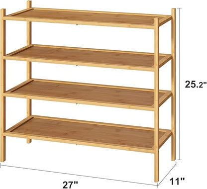 4-Tier Shoe Rack for Entryway, Bamboo Wood Shoe Rack 4-Tier, Stackable Shoe Organizer for Closet, Free Standing Shoe Racks for Indoor & Outdoor