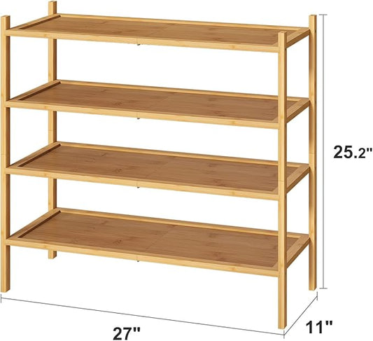 4-Tier Shoe Rack for Entryway, Bamboo Wood Shoe Rack 4-Tier, Stackable Shoe Organizer for Closet, Free Standing Shoe Racks for Indoor & Outdoor