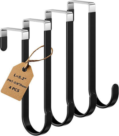 4 Pack Over The Door Hooks, Door Hanger Hook, Towel Hooks for Hanging, Towel Hanger for Bathroom, Fit 1 3/8" Door Black, Dorm Room Essentials