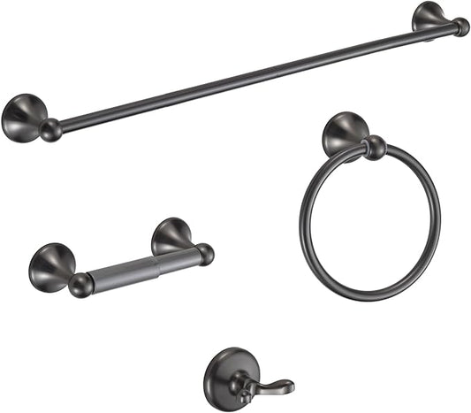 BGL Bathroom Hardware Set Grey Electroplating 4-Piece Bathroom Accessories Set Wall Mounted Adjustable Towel Bar Robe Hook Toilet Paper Holder Towel Ring Glossy Grey