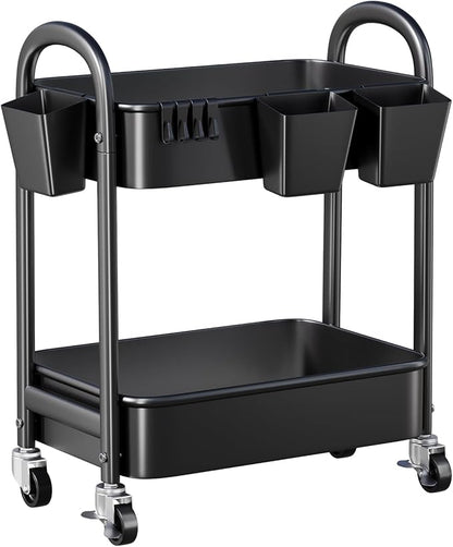 2 Tier Rolling Cart Metal on Wheels, Two Tiered Short Storage Side Table with Wheels, Heavy Duty Under Desk Mobile Trolley, Small Utility Organizer Carts for Craft, Art, Office, Kitchen, Black Basket
