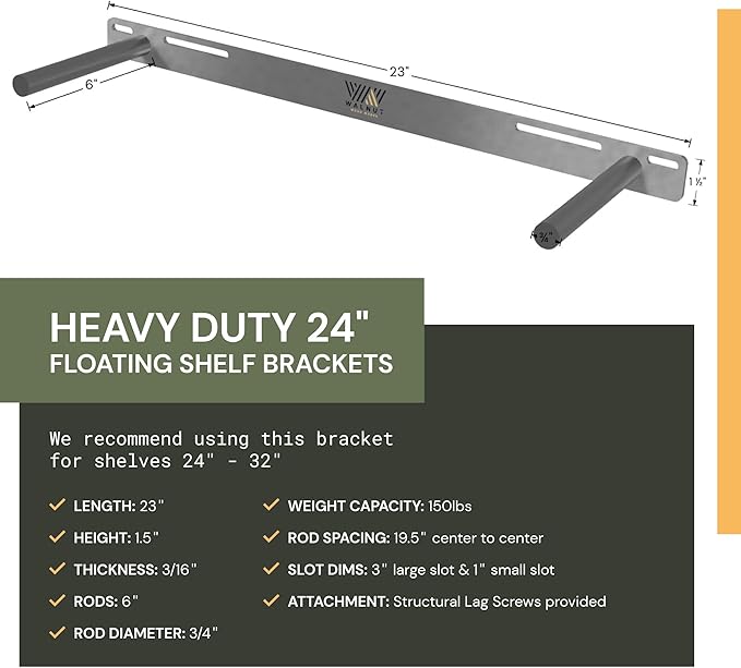Floating Shelf Bracket - 2 Pack 24” Hidden Shelf Brackets, 150 LB Weight Capacity, Supports Wall Mounted Floating Shelves of Any Length,3/4 Inch Industrial Solid Steel Support Rods - Walnut Wood Works
