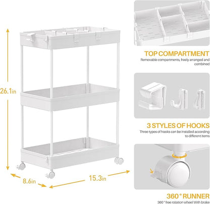 SPACELEAD 3 Tier Rolling Cart with Wheels, Storage Craft Art Trolley Organizer Serving, 3 Hanging Baskets Easy Assembly, for Office, Bathroom，Living Room, Kitchen, White