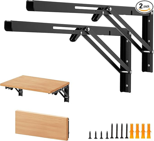 Home Expert 20 Inch Folding Shelf Brackets, 2 Pack (1 Pairs) Heavy Duty Metal Collapsible Wall-Mounted Brackets, Space-Saving DIY Foldable Shelf for Benches and Tables, Matte Black