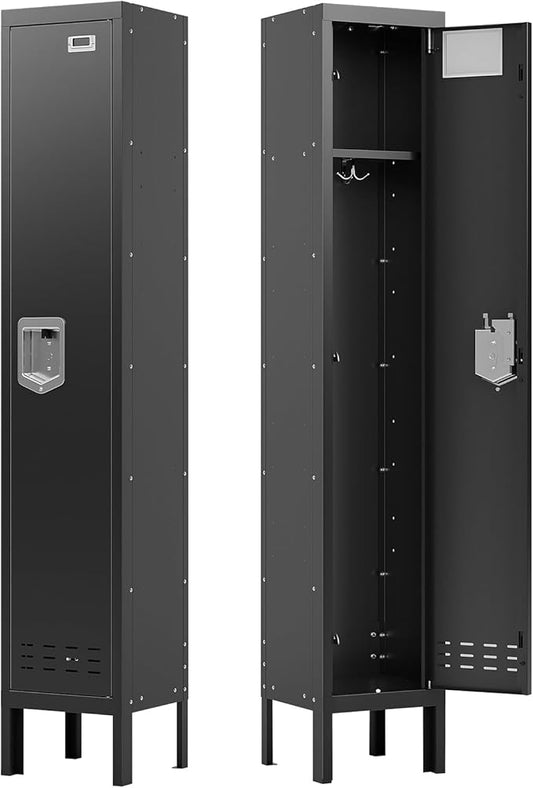 Metal Storage Locker with Lock & Card Slot Locker - Secure Lockable Door - Steel Locker for School, Office, Gym, Home - 66.15" H x 11.8" W x 11.8" D（1 Door, Black）