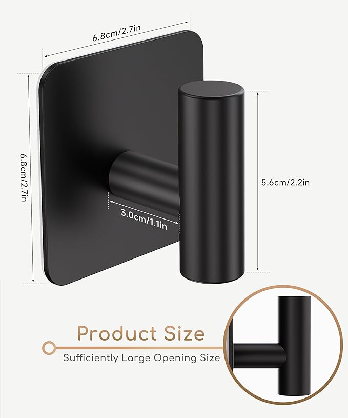 4 Pack Large Heavy Duty Wall Hooks - 26lb Max, Stainless Steel Adhesive Towel Hook, Shower Hooks for Hanging Towel, Coat, Robe, Wall Hook for Use in Bathroom, Kitchen and Door, Matte Black