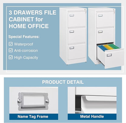 3-Drawer File Cabinet with Lock, 16.3" Deep Vertical Filing Cabinets, Metal File Cabinets for Home Office, Anti-Tip 3 Storage Drawers for Letter/Legal/A4/F4 Size (Assemble Required, White)
