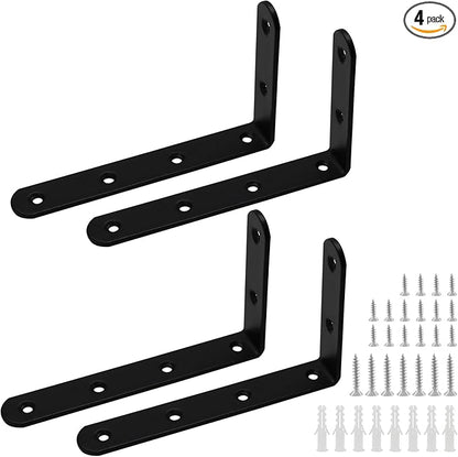 Luomorgo 4 Pcs L Brackets for Shelves, Heavy Duty Stainless Steel L Shaped Bracket, Decorative Corner Brace Joint Right Angle Bracket Wall Hanging with Screws, 5 x 3 Inch, Black