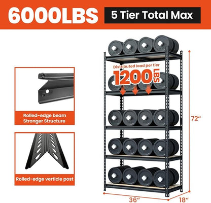JEKOSEN 6000Lbs Storage Shelves Heavy Duty 5 Tier Adjustable Garage Shelving,Utility Rack Shelf Units for Closet Pantry Basement Kitchen Warehouse,36" Wx18 Dx72 H,Black