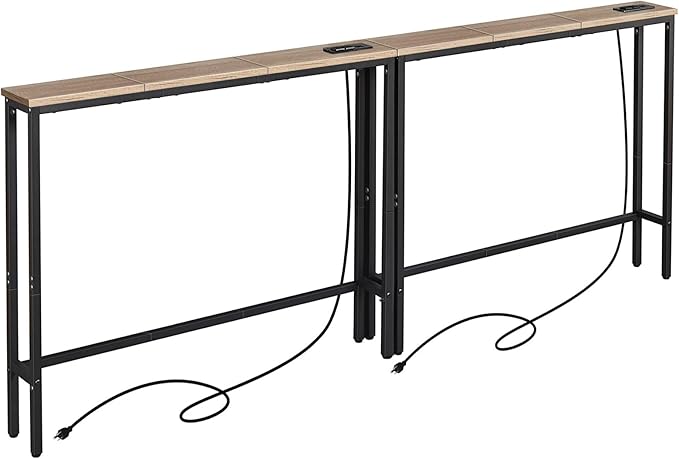 ELYKEN 2 Pack 5.9" Narrow Console Sofa Table with Power Outlets, Total 78.8” Long Behind Couch Table with Charge Station and 5.9’ Extension Cord for Living Room, 5.9" D x 78.8”W x 29.5”H, White Oak
