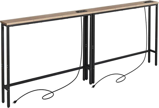 ELYKEN 2 Pack 5.9" Narrow Console Sofa Table with Power Outlets, Total 78.8” Long Behind Couch Table with Charge Station and 5.9’ Extension Cord for Living Room, 5.9" D x 78.8”W x 29.5”H, White Oak