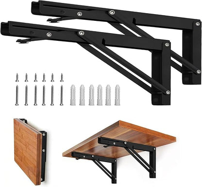 Storystore Folding Shelf Brackets - 16 Inch Heavy Duty Metal Collapsible Shelf Bracket for Bench Table, Shelf Hinge Wall Mounted Space Saving DIY Bracket, Max Load: 150 lb 2 PCS (Black)