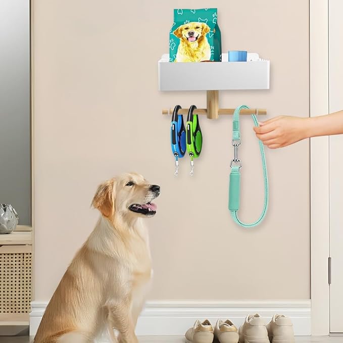 Picowe Dog Leash Holder for Wall, Metal and Wood Dog Leash Hooks, Pet Stuff Storage Shelf Storage for Leashes,Collar, Toys, Treats, Poop Bag (White)