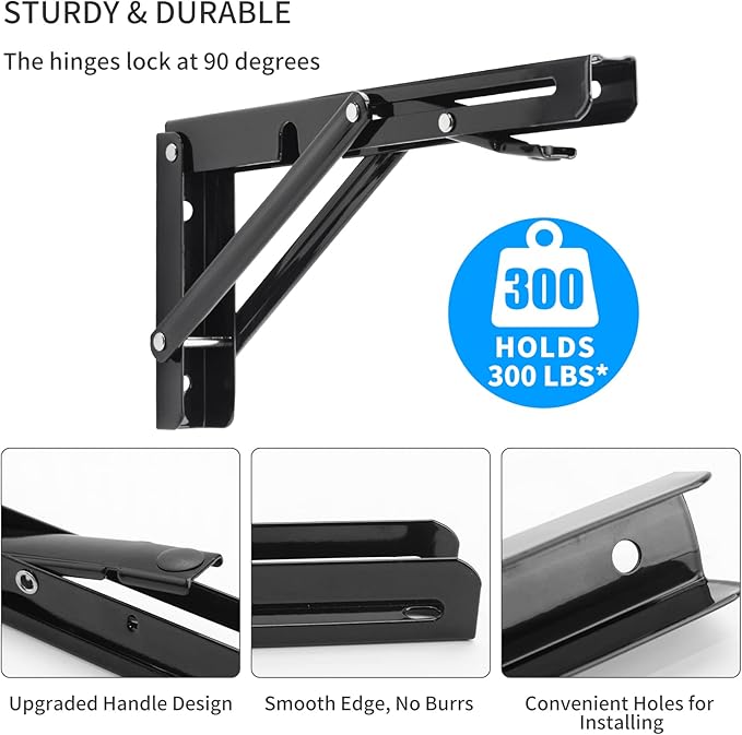 YUMORE Folding Shelf Brackets, 8 Inch Heavy Duty Collapsible Shelf Bracket, Black DIY L Bracket for Workbench Folding Table Hinge, Max Load: 300lb, 2 Pack