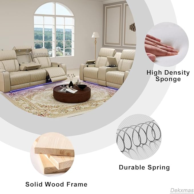 Power Recliner Sectional Sofa, Living Room Furniture Sets, 2PCS Beige Power Recliner Breathing Leather Sofa, Loveseat with Storage Console/Cup Holders/LED Light/USB Port for Apartment, Office
