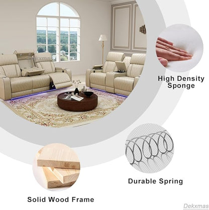 Power Recliner Sectional Sofa, Living Room Furniture Sets, 2PCS Beige Power Recliner Breathing Leather Sofa, Loveseat with Storage Console/Cup Holders/LED Light/USB Port for Apartment, Office