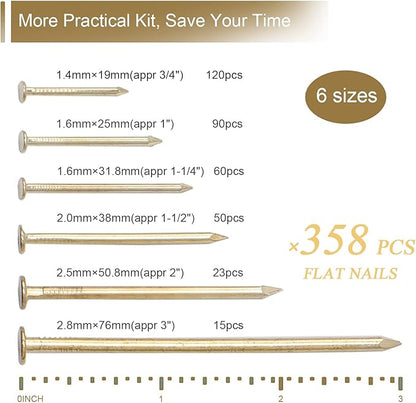 6 Sizes Gold Hardware Nails Assortment Kit, 358pcs, Brass Plated, Nails for Hanging Pictures, Finishing Nails, Wood Nails, Wall Nails for Hanging (3”, 2”, 1-1/2”, 1-1/4", 1”, 3/4")