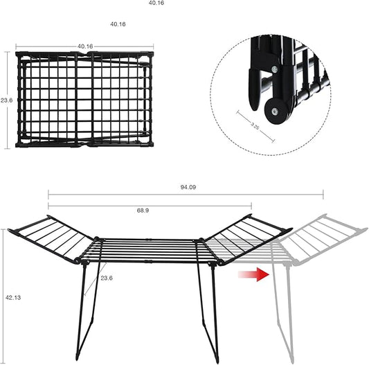 Expandable Clothes Drying Rack, Gullwing Laundry Drying Rack, Space-Saving, Towels, Linens, Indoor, Outdoor Black