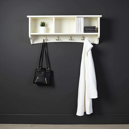 Shaker Cottage 36-Inch Wall-Mounted Coat Rack with 3 Open Shelves – Transitional Entryway Organizer, Mudroom Storage Shelf with 4 Hooks – Space-Saving Wall Storage by Alaterre Furniture (Ivory)
