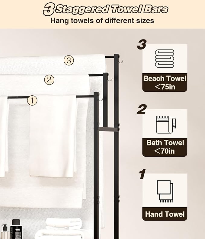 44” Tall Free Standing Towel Racks with 6 Hooks for Bathroom, 3 Tiers Oversized Pool Bath Towels Drying Stand, Metal Blanket Ladder Holder with Storage Shelf for Bedroom Living Room, Black