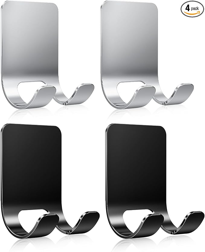4Pcs Razor Holder, Shaver Hook Hanger, Multipurpose Self Adhesive Double Hooks, Silver Black Stainless Steel Shower Hooks, For Bathroom and Kitchen Storage, Includes Loofah, Towel, Plug, Clothes
