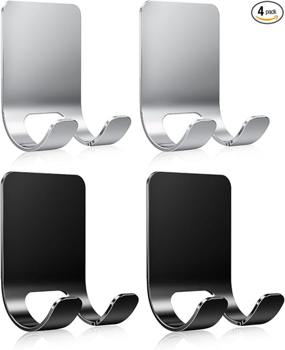 4Pcs Razor Holder, Shaver Hook Hanger, Multipurpose Self Adhesive Double Hooks, Silver Black Stainless Steel Shower Hooks, For Bathroom and Kitchen Storage, Includes Loofah, Towel, Plug, Clothes