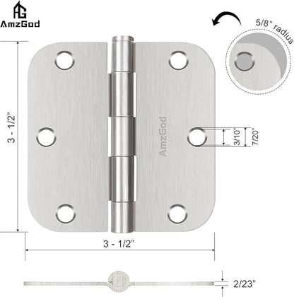 Door Hinges Brushed Nickel - 18 Pack Satin Nickel 3.5 Inch Rounded Interior and Exterior Door Hinges with 5/8" Radius - 3 1/2 Inch Silver Residential Standard Door Hardware