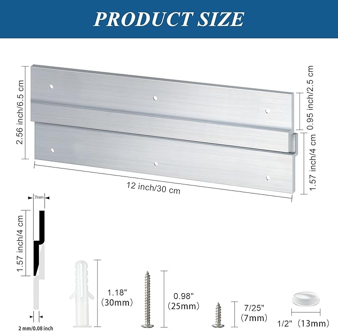 12 Pack French Cleat Hanger Headboard Wall Mounting Brackets Cleat Picture Hanger Kit Z Bar Supports with Plastic Expansion Tube Screws Silicone Dots for Picture Mirror Whiteboard (12 Inch)