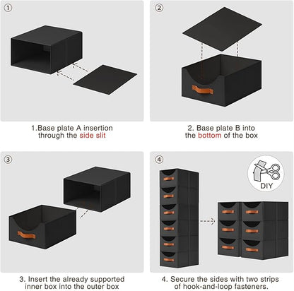 Stackable Storage Drawers - Collapsible Storage Bins with Drawers, 6 Pack Small Closet Organizer Bins, Fabric Pull Out Organizer for Bedroom, Living Room, Dorm, Black