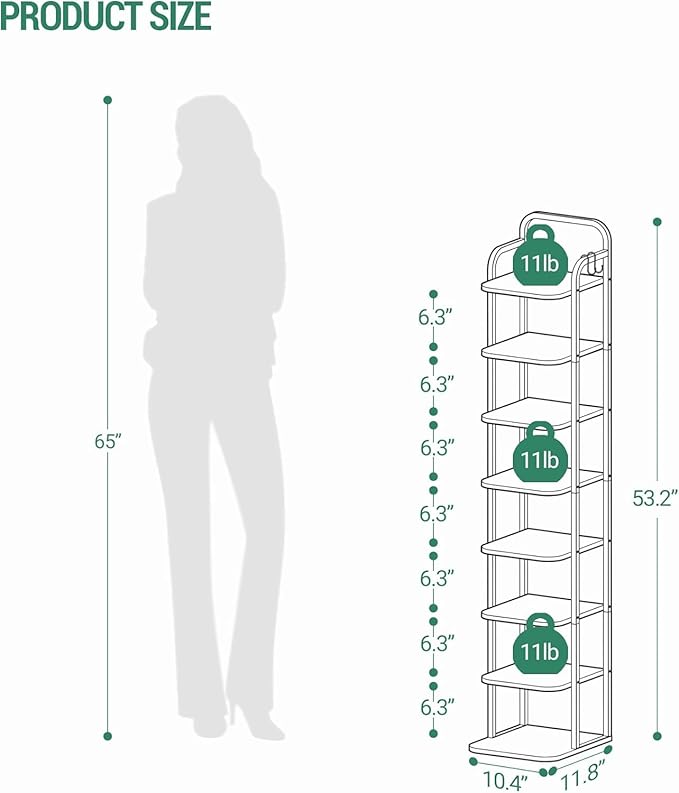 8 Tiers Vertical Shoe Rack, Narrow Shoe Tower, Tall Shoes Shelf with 2 Hooks, Adjustable Shelves, Corner Shoes Shelves for Small Spaces, Entryway, Living Room, Rustic Brown SR04301B