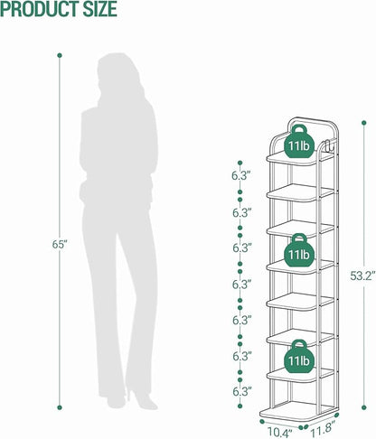 8 Tiers Vertical Shoe Rack, Narrow Shoe Tower, Tall Shoes Shelf with 2 Hooks, Adjustable Shelves, Corner Shoes Shelves for Small Spaces, Entryway, Living Room, Rustic Brown SR04301B