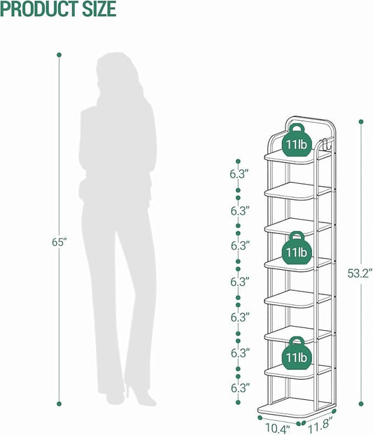 8 Tiers Vertical Shoe Rack, Narrow Shoe Tower, Tall Shoes Shelf with 2 Hooks, Adjustable Shelves, Corner Shoes Shelves for Small Spaces, Entryway, Living Room, Rustic Brown SR04301B