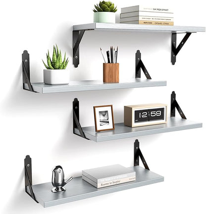 Wood Floating Shelves Set of 4, Rustic Storage Decor Wall Shelves, Wall Mounted Shelf for Living Room, Bedroom 17" x 6", Light Grey