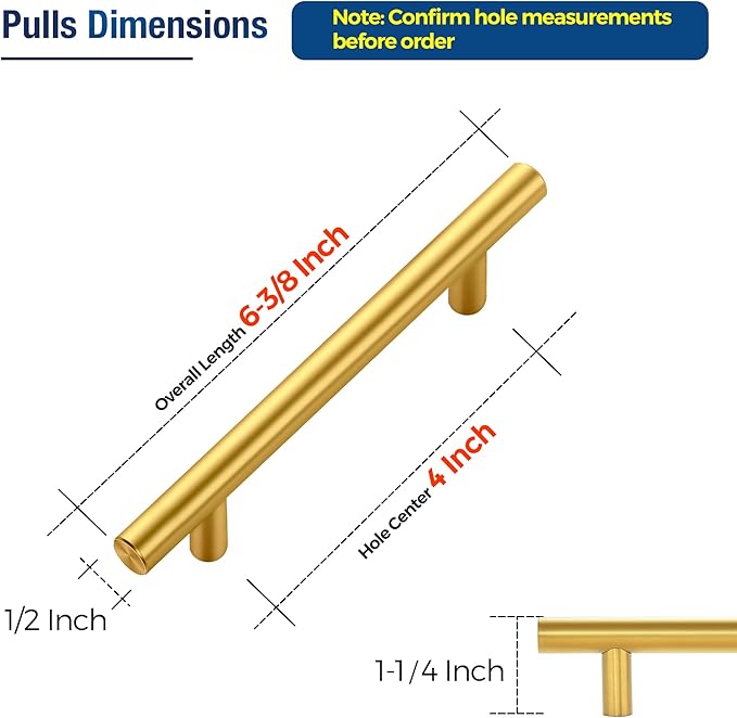 JOY DECOR 45 Pack Cabinet Handles, Gold Cabinet Pulls, 4 in Hole Center Kitchen Cabinet Handles, Stainless Steel T Bar Handles for Dresser Drawers