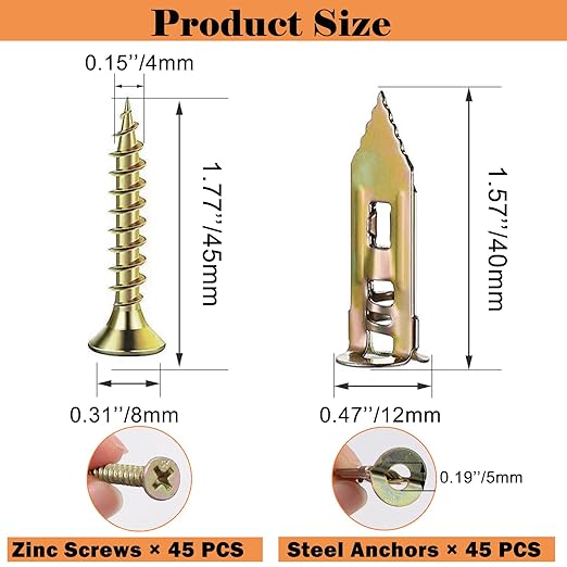 90 Pcs Self Drilling Drywall Anchors with Screws,45 Sheetrock Anchors (0.47x1.57 inch) & 45 Zinc Expansion Screws,2025 Upgraded Zinc Plated Steel,No Drill Needed,Perfect for Wall Hanging
