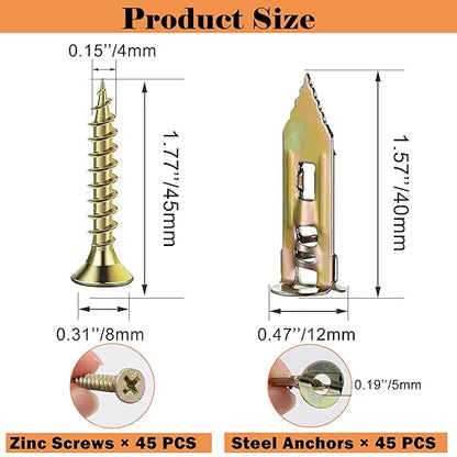 90 Pcs Self Drilling Drywall Anchors with Screws,45 Sheetrock Anchors (0.47x1.57 inch) & 45 Zinc Expansion Screws,2025 Upgraded Zinc Plated Steel,No Drill Needed,Perfect for Wall Hanging