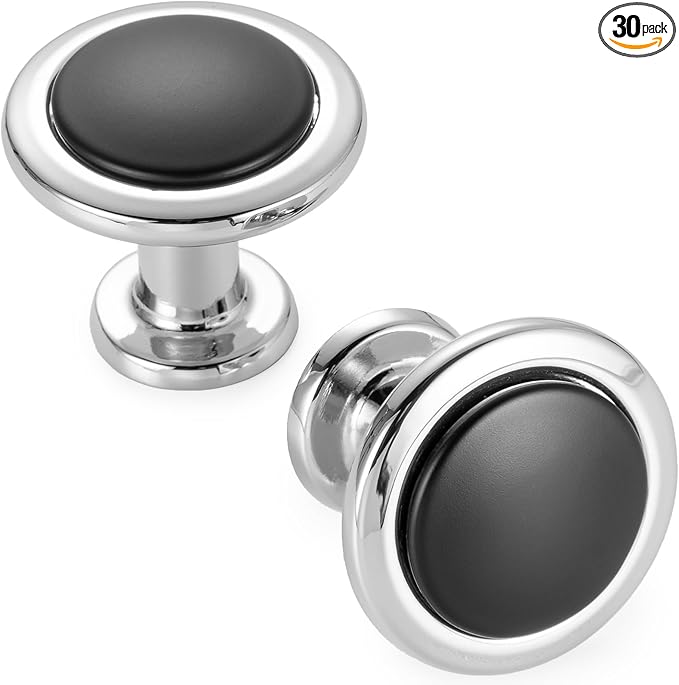 KOOFIZO 30 Pack Black and Chrome Kitchen Cabinet Knobs Matte Black and Chrome Drawer Knobs 1960 Round Single Hole Cabinet Pulls for Cabinets Drawers Dresser Cupboard Bedroom Bathroom