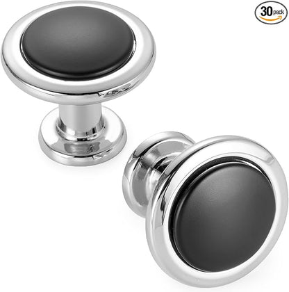 KOOFIZO 30 Pack Black and Chrome Kitchen Cabinet Knobs Matte Black and Chrome Drawer Knobs 1960 Round Single Hole Cabinet Pulls for Cabinets Drawers Dresser Cupboard Bedroom Bathroom