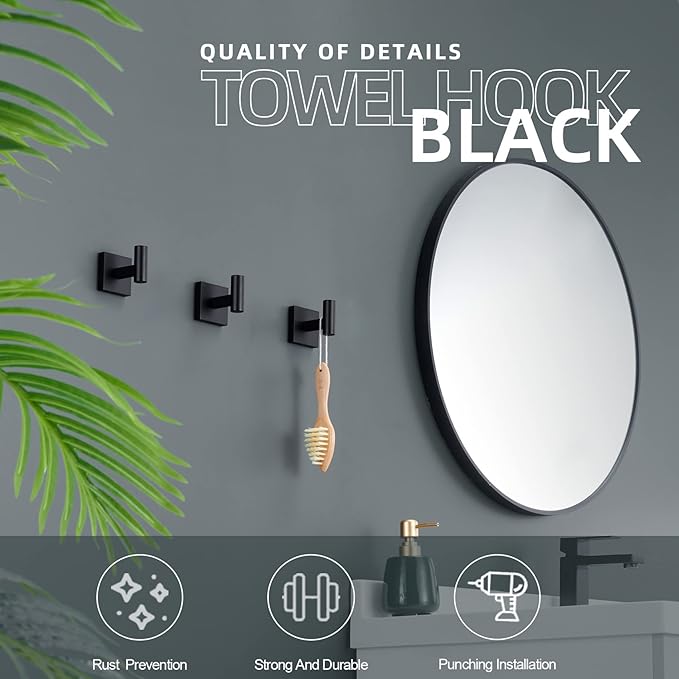 KOKOSIRI Robe Hook Bathroom Towel Coat Hooks Matte Black for Bath Kitchen Wall 3 Pack Stainless Steel B1013BK-P3
