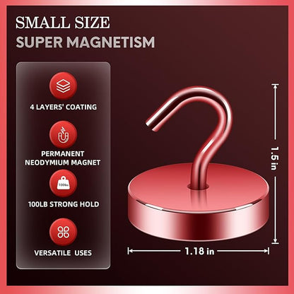 Neosmuk Magnetic Hooks, Cruise Ship Essentials, 100lb+ Heavy Duty Magnetic Hooks for Cruise Cabins, Refrigerator, Grill, Hanging, and Travel | Extra Strong Must-Haves Magnet Hook,Red, 5 Pack
