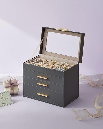 SONGMICS GISELLA Collection - Jewelry Box Organizer, 4-Layer Jewelry Storage with 3 Drawers, Shiny Metal Hardware, Glass Lid, Modern, 6 x 9.9 x 8.5 Inches, Gray and Gold Color UJBC161C01