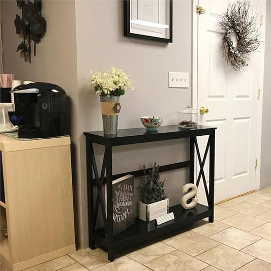 Yaheetech Console Table for Entryway, 2 Tier Entryway Table Bookshelf Accent Table w/Storage Shelf Living Room Entry Hall Foyer Table Furniture, Black,X-Design